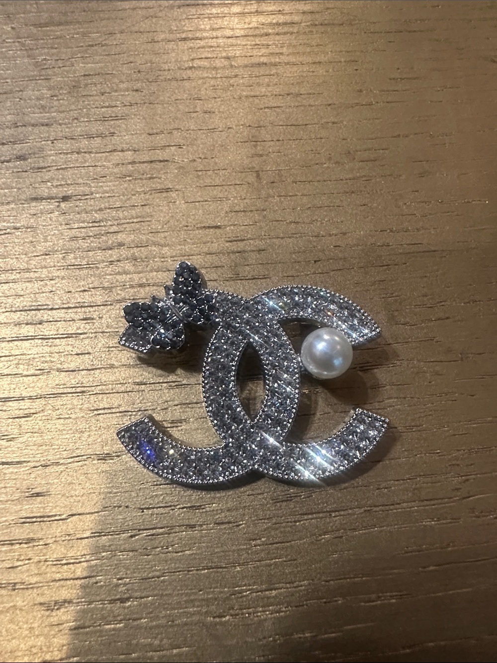 FASHION- Silver Crystal Brooch with Butterfly and Pearl Accent